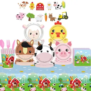 Cartoon farm animal themed disposable party tableware set with shaped paper plates