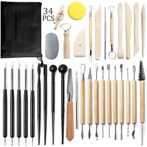 34 Pcs Outils de Sculpture sur Argile de Poterie Couteaux en Bois Bricolage Kit