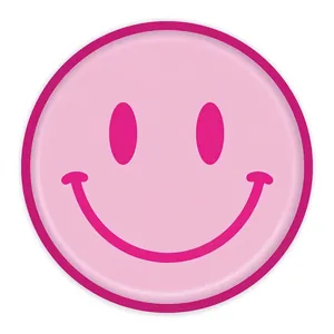 Vista dettagliata di un piatto di carta rosa per feste con un simpatico smiley rosa