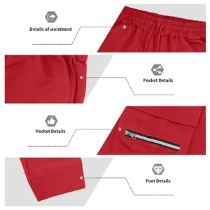 Detalles del pantalón cargo rojo para hombre con cintura, bolsillos y puños elásticos.