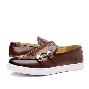 Baskets classiques pour hommes en cuir marron à double boucle et empiècements texturés