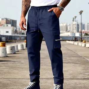 Pantalones cargo azul marino para hombre con múltiples bolsillos y cordón ajustable