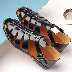 Men Casual Roman Sandals Breathable PU Leather Fish Mouth Gladiator Shoes Belt Buckle British Style Summer Fashion Flat Sandals