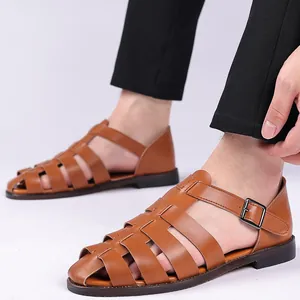 Stylish brown leather Roman sandals for men featuring breathable cage design and buckle