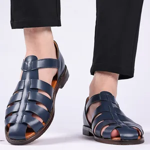 Classic navy blue leather gladiator sandals for men with breathable hollow design