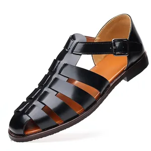 Breathable black leather Roman sandals for men with stylish adjustable buckle strap