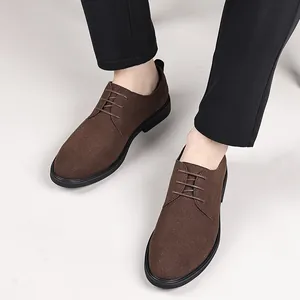 Premium brown suede men's derby shoes with black soles for casual business wear.