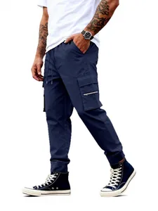 Pantalones cargo de exterior azul marino para hombre con múltiples bolsillos y cordón