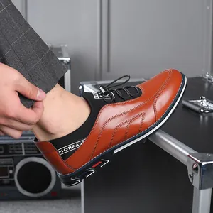Fashionable men's brown leather casual shoes with soft sole and elastic collar design