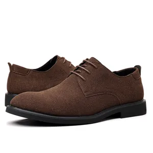 Classic men's brown suede derby shoes with black soles and lace-up design