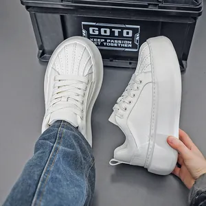 Detail view of white platform sneakers featuring a distinctive shell-toe design.