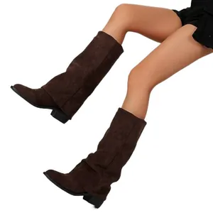 Stylish dark brown slouchy mid-calf boots with comfortable block heel for women.