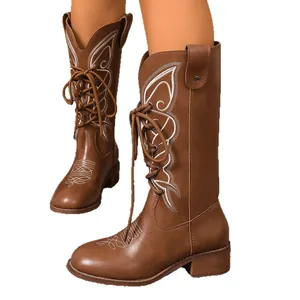 2025 stylish brown mid-calf women boots with butterfly embroidery and lace-up design