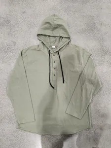 Men's relaxed fit breathable linen hoodie with black drawstrings and henley button neckline