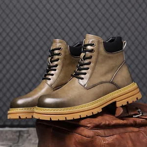 Bottes de travail vintage en cuir pour hommes, brun olive avec semelles crantées robustes