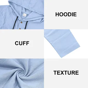 Vues détaillées du sweat à capuche en lin bleu clair pour homme avec poignet e texture