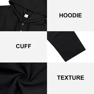 Detail views of a men's linen hoodie showing the hood, cuffs, and breathable fabric texture.