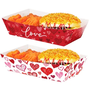 Disposable Paper Snack Tray Valentine's Day Party Heart Love Pattern Popcorn Boat Box Food Packaging Container For Picnic Banquet Celebration