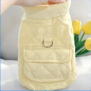 Light yellow diamond quilted pet vest with D-ring leash attachment and small back pocket