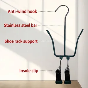 Detailed view of multifunctional stainless steel shoe drying rack with clips