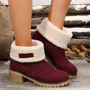 Winter women's burgundy suede ankle boots with white faux fur collar and block heel
