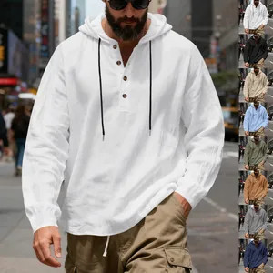 Chemise Henley Décontractée en Lin pour Hommes à Capuche Manches Longues Coupe Large Respirante Hoodie de Plage Pull-over Top Mode