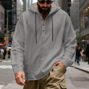 Men's casual gray linen hooded Henley shirt with long sleeves for outdoor wear.