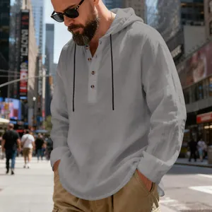 Close-up view of men's gray breathable linen hoodie featuring a classic Henley collar design