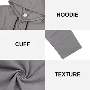 Detailed close-up view of gray linen men's hoodie showing hood, cuff, and texture