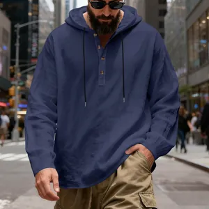 Detail view of navy blue long sleeve hooded Henley shirt in breathable linen fabric for men