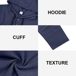 Detailed views of navy blue men's linen hoodie showing cuff and breathable fabric texture