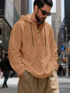Men's loose breathable linen hooded henley shirt in khaki for casual spring wear style