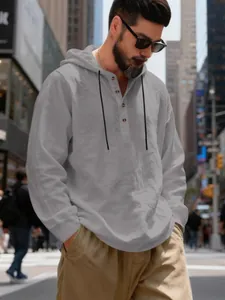 Men's breathable grey linen hooded Henley shirt for casual beach or street wear
