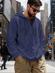 Men's loose navy blue linen hooded Henley shirt for casual beach or spring wear