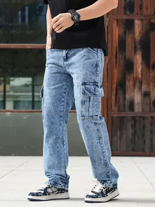 Side view of men's loose straight-leg vintage cargo jeans with large side pockets.