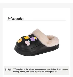 Detail of black winter slippers with warm white fur lining and cute cartoon charms.