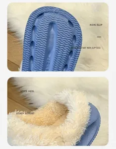 Macro view of non-slip rubber sole and thick faux fur lining of blue winter slippers.