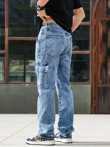 Back view detail of men's loose fit acid wash cargo jeans with multi-pockets