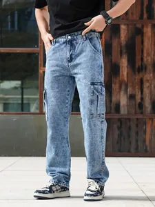 Men's vintage acid wash cargo denim pants featuring multi-pockets and a straight loose fit