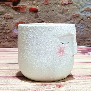 Close-up of a white textured ceramic flower pot with a minimalist human face design.