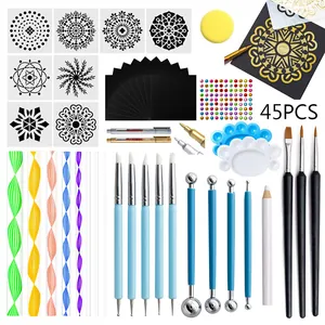 Mandala dotting tools set detail, stencil templates and paint brushes for DIY rock painting.