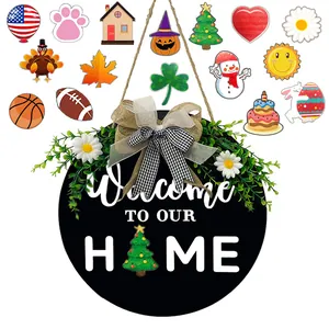 Interchangeable Welcome To Our Home Sign Pine Wood Round Hanging Door Decor With Seasonal Icons Rustic Home Wall Plaque