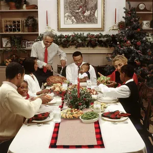 Cozy Christmas dinner scene featuring a red and black buffalo plaid table runner.