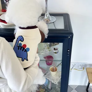 Detailed view of cream pet sweatshirt with blue dinosaur graphic on a small white dog