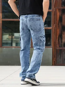 Detailed back view of men's vintage acid wash straight leg cargo denim jeans.