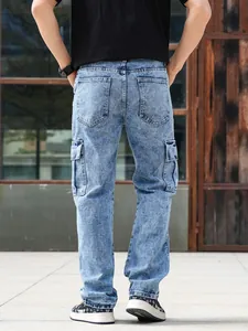 Back view of men's loose straight-leg cargo jeans with washed denim finish