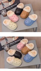 Detailed view of colorful kids' winter clogs with thick warm white fleece lining.