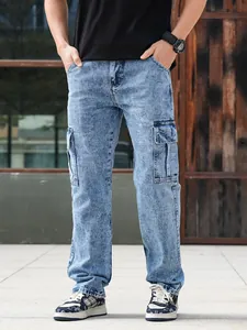 Full view of men's vintage acid wash loose straight cargo denim pants featuring multiple pockets