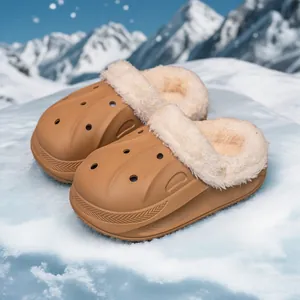 Warm children's winter slippers with plush fleece lining and waterproof camel upper fabric