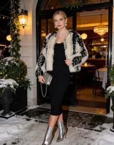 Elegante vrouw in een zwart-wit patchwork jas van imitatiebont in een sneeuwachtig decor